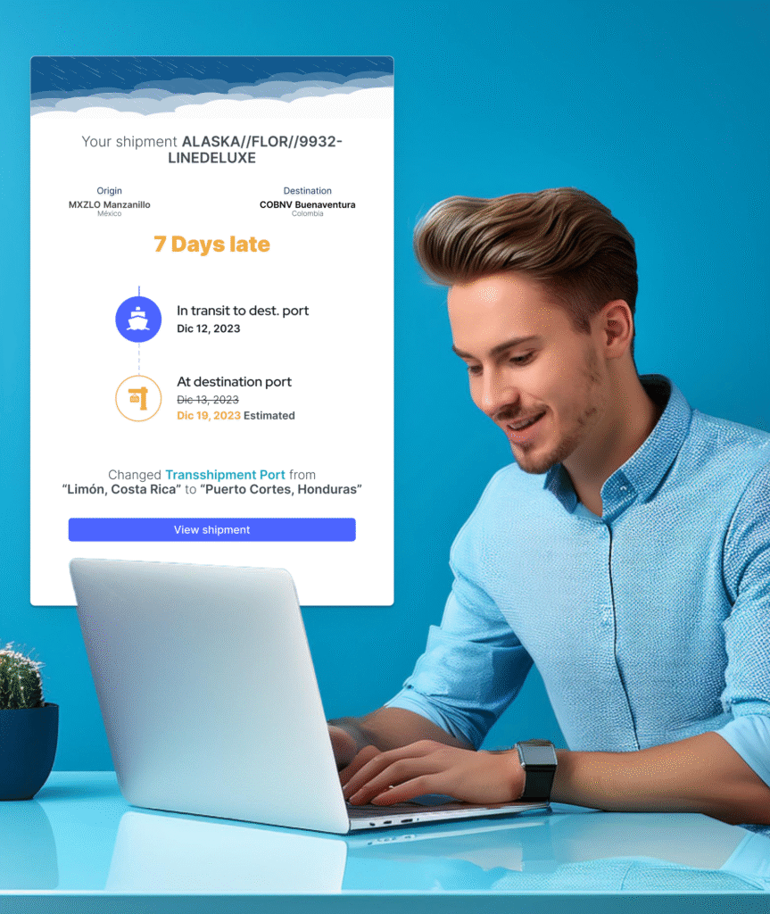 Professional using a laptop reviewing the Porth.ai portal showing a shipment 7 days away, looking happy