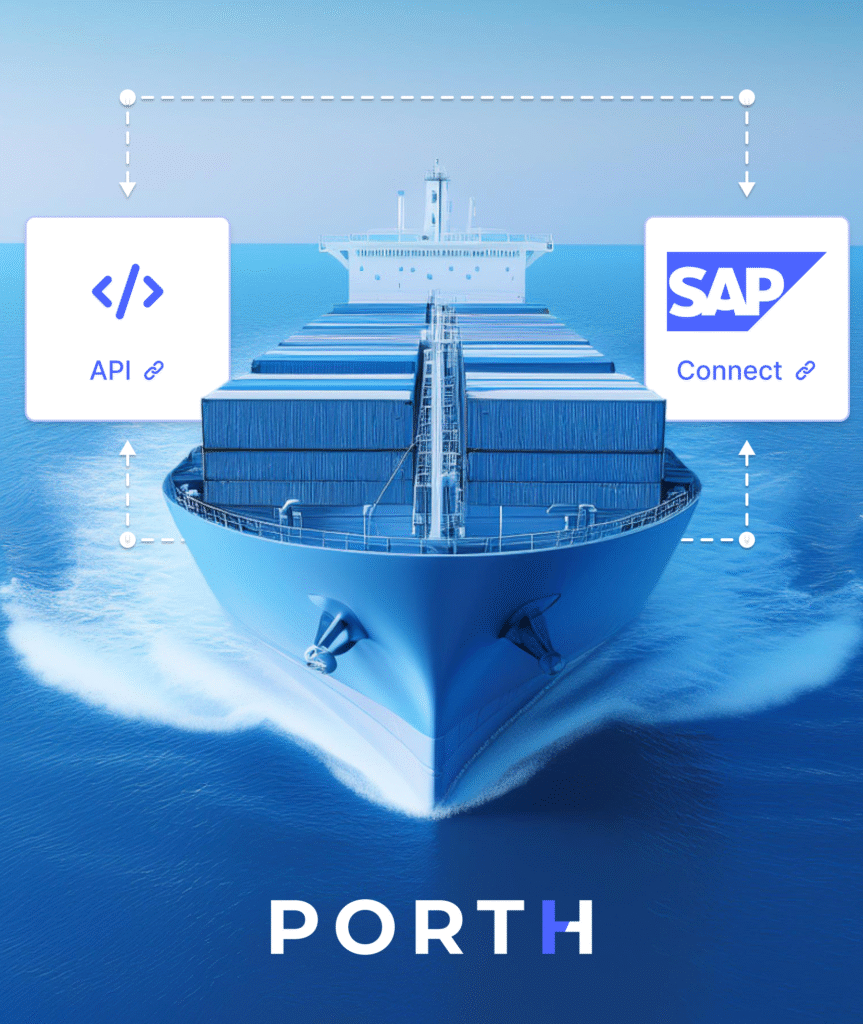 Shipment at sea with icons representing APIs and SAP Connect platform, illustrating easy integration of all platforms