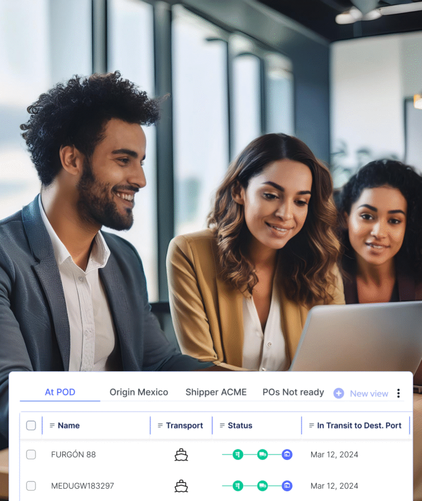 Team of three workers looking at a laptop displaying Porth.ai portal with a table listing PODs, transport type, status, and dates