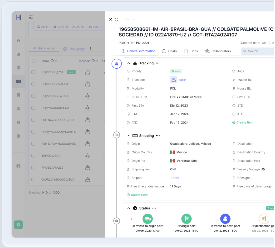 iPad screen displaying seashell-ibex-512276.hostingersite.com portal with an open window showing shipment tracking status